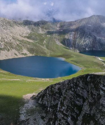A breathtaking aerial view of alpine lakes surrounded by the Great Himalayan range in Kashmir.
