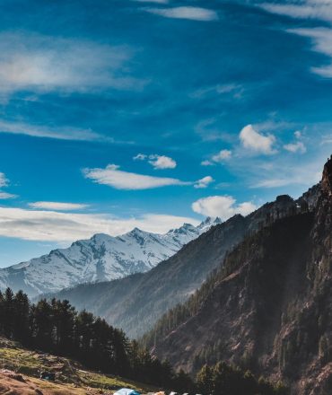Breathtaking view of the Himalayan mountains in Himachal Pradesh, showcasing lush green forests and clear skies.