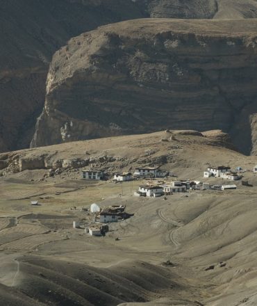 A breathtaking panorama of Langza village nestled in the barren mountains of Himachal Pradesh, India.