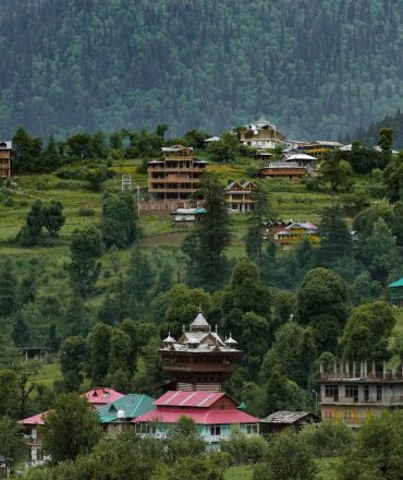 Picturesque village in Shangarh, Himachal Pradesh, nestled in lush green Himalayan landscapes.